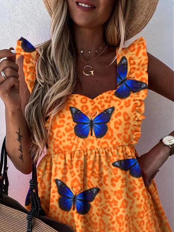Leopard & Butterfly Print Dress - Mini Dresses - INS | Online Fashion Free Shipping Clothing, Dresses, Tops, Shoes - 15/06/2021 - Color_Orange - DRE2106150443