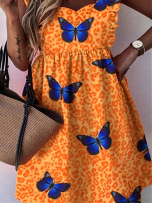 Leopard & Butterfly Print Dress - Mini Dresses - INS | Online Fashion Free Shipping Clothing, Dresses, Tops, Shoes - 15/06/2021 - Color_Orange - DRE2106150443