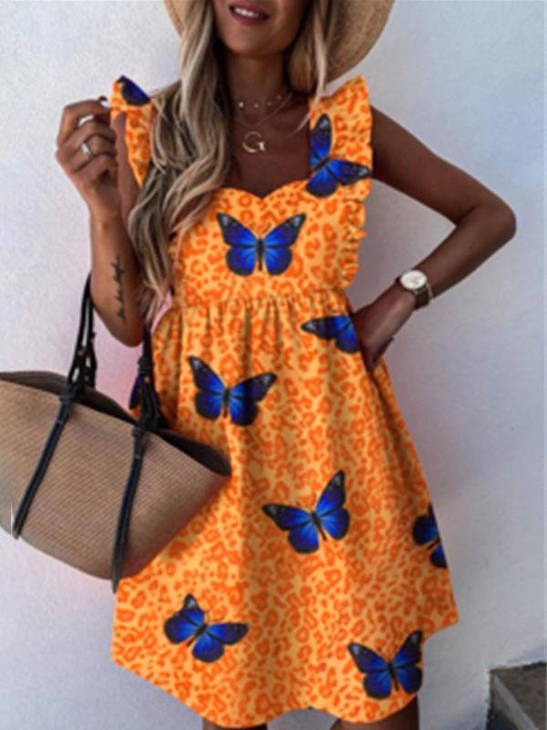 Leopard & Butterfly Print Dress - Mini Dresses - INS | Online Fashion Free Shipping Clothing, Dresses, Tops, Shoes - 15/06/2021 - Color_Orange - DRE2106150443