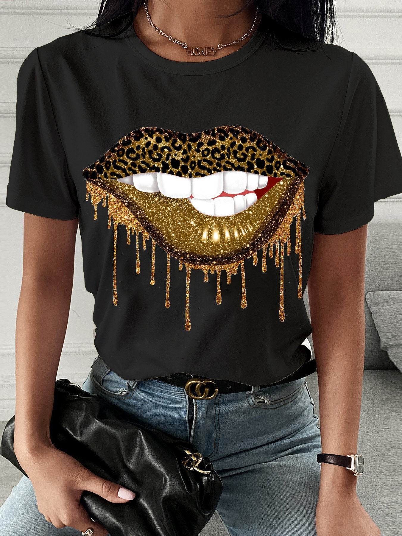 Leopard Lip Print Crew Neck T-shirt - T-shirts - INS | Online Fashion Free Shipping Clothing, Dresses, Tops, Shoes - 08/07/2021 - 10-20 - color-black