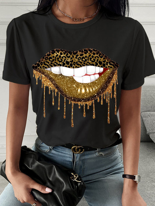 Leopard Lip Print Crew Neck T-shirt - T-shirts - INS | Online Fashion Free Shipping Clothing, Dresses, Tops, Shoes - 08/07/2021 - 10-20 - color-black