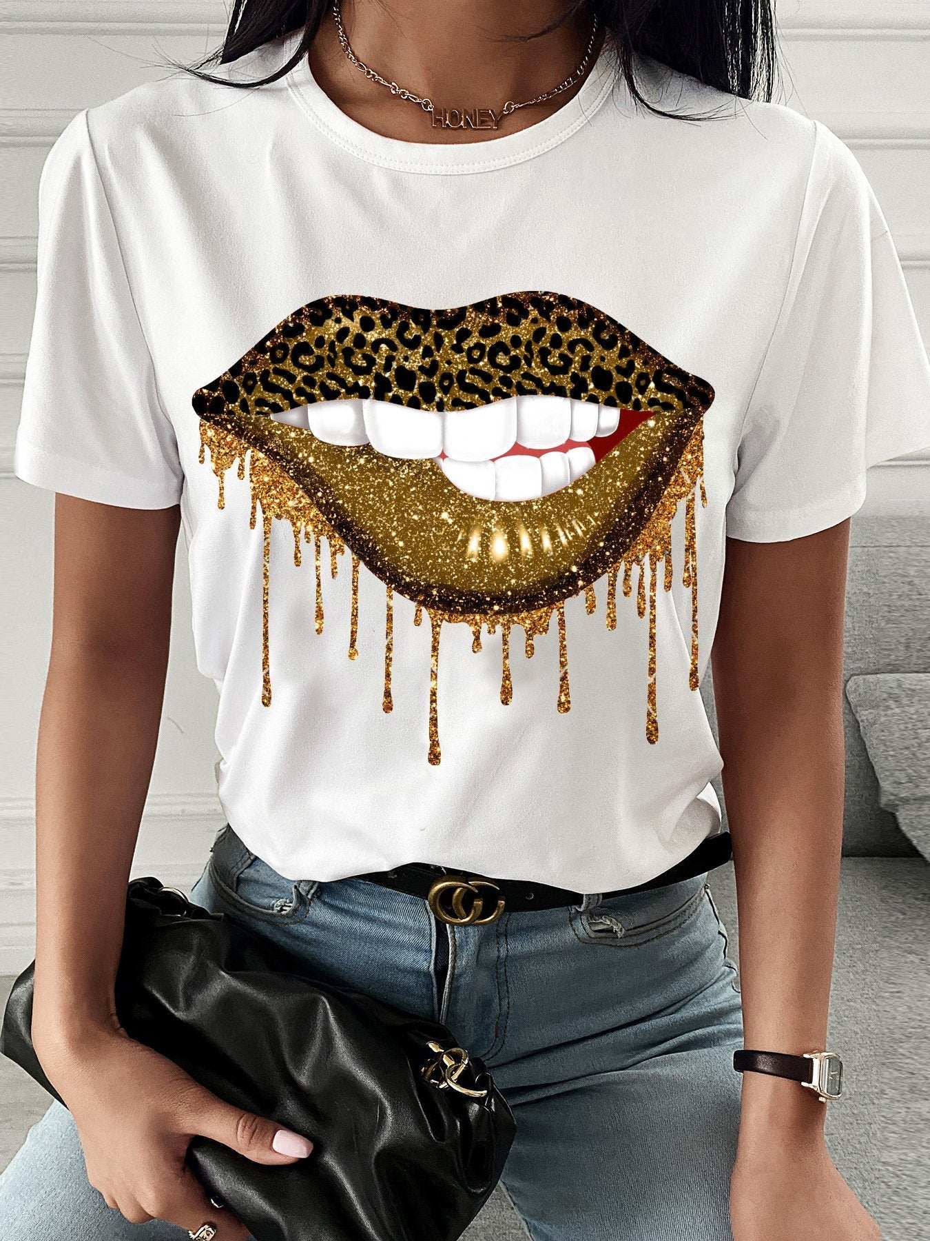 Leopard Lip Print Crew Neck T-shirt - T-shirts - INS | Online Fashion Free Shipping Clothing, Dresses, Tops, Shoes - 08/07/2021 - 10-20 - color-black