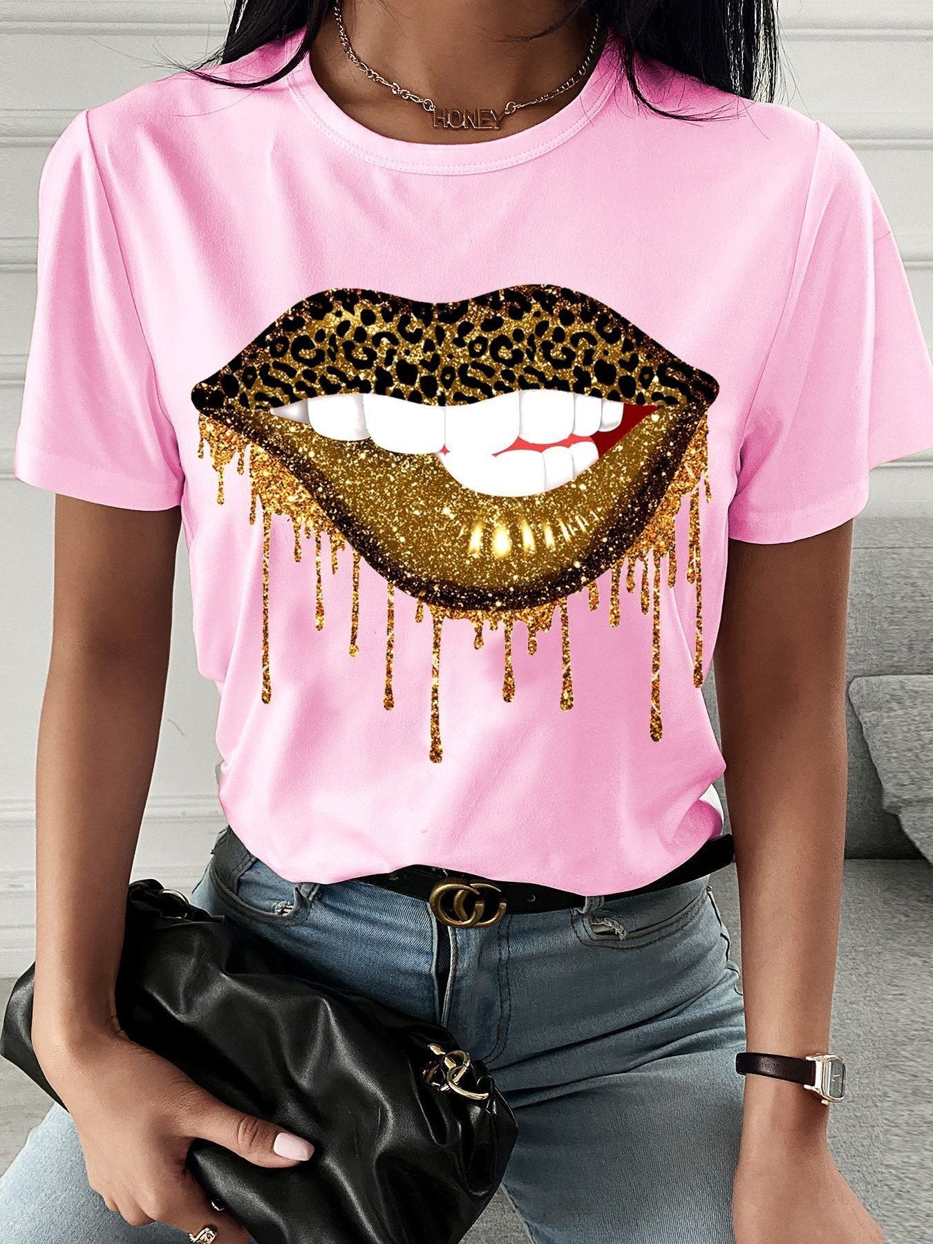 Leopard Lip Print Crew Neck T-shirt - T-shirts - INS | Online Fashion Free Shipping Clothing, Dresses, Tops, Shoes - 08/07/2021 - 10-20 - color-black