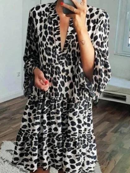 Leopard Print Long Sleeve Casual Dress - Mini Dresses - INS | Online Fashion Free Shipping Clothing, Dresses, Tops, Shoes - 15/06/2021 - Category_Mini Dresses - Color_Gray