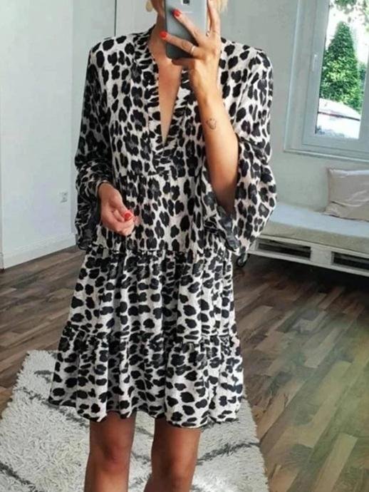 Leopard Print Long Sleeve Casual Dress - Mini Dresses - INS | Online Fashion Free Shipping Clothing, Dresses, Tops, Shoes - 15/06/2021 - Category_Mini Dresses - Color_Gray