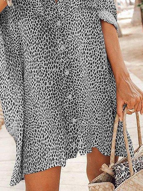 Leopard Print Long Sleeve Mini Shirt Dress - Mini Dresses - INS | Online Fashion Free Shipping Clothing, Dresses, Tops, Shoes - 15/06/2021 - Category_Mini Dresses - Color_Gray