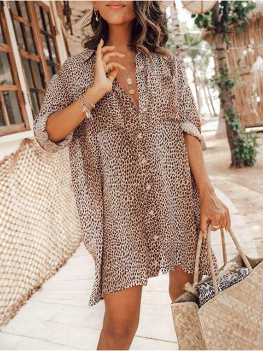 Leopard Print Long Sleeve Mini Shirt Dress - Mini Dresses - INS | Online Fashion Free Shipping Clothing, Dresses, Tops, Shoes - 15/06/2021 - Category_Mini Dresses - Color_Gray