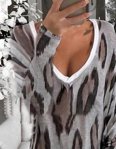 Leopard Print Long Sleeve V-Neck Loose T-Shirt - T-Shirts - INS | Online Fashion Free Shipping Clothing, Dresses, Tops, Shoes - 10-20 - 21/06/2021 - Category_T-Shirts