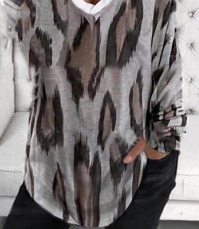 Leopard Print Long Sleeve V-Neck Loose T-Shirt - T-Shirts - INS | Online Fashion Free Shipping Clothing, Dresses, Tops, Shoes - 10-20 - 21/06/2021 - Category_T-Shirts