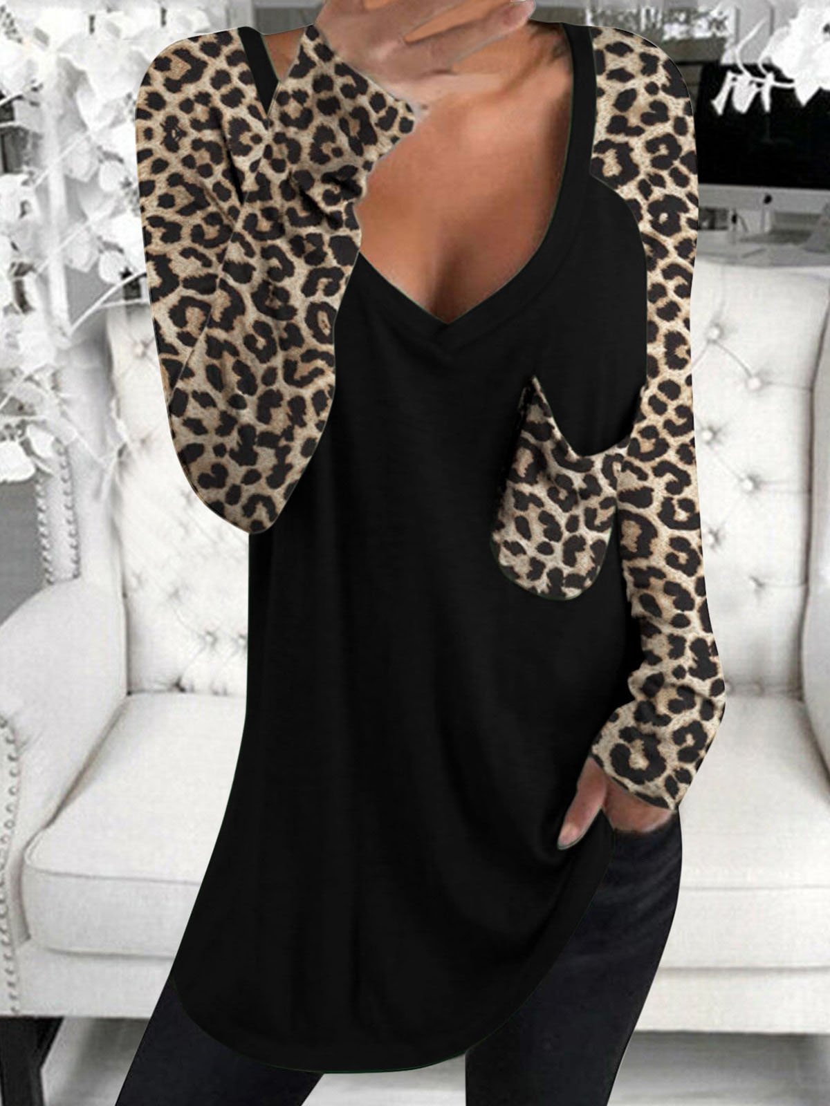Leopard Print Long Sleeve V-neck Pocket Casual Blouses - Blouses - INS | Online Fashion Free Shipping Clothing, Dresses, Tops, Shoes - 02/06/2021 - BLO210602307 - Category_Blouses