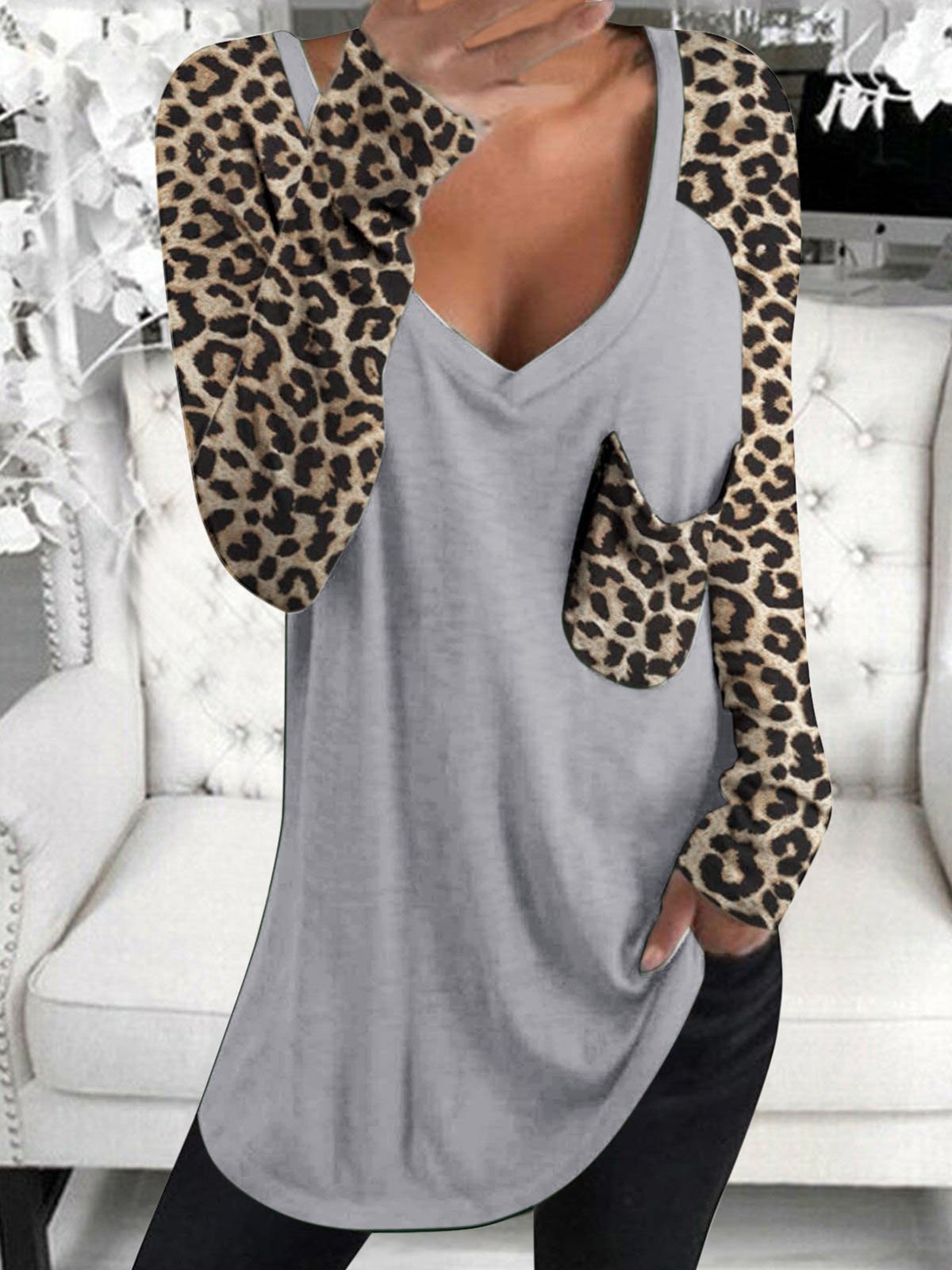Leopard Print Long Sleeve V-neck Pocket Casual Blouses - Blouses - INS | Online Fashion Free Shipping Clothing, Dresses, Tops, Shoes - 02/06/2021 - BLO210602307 - Category_Blouses