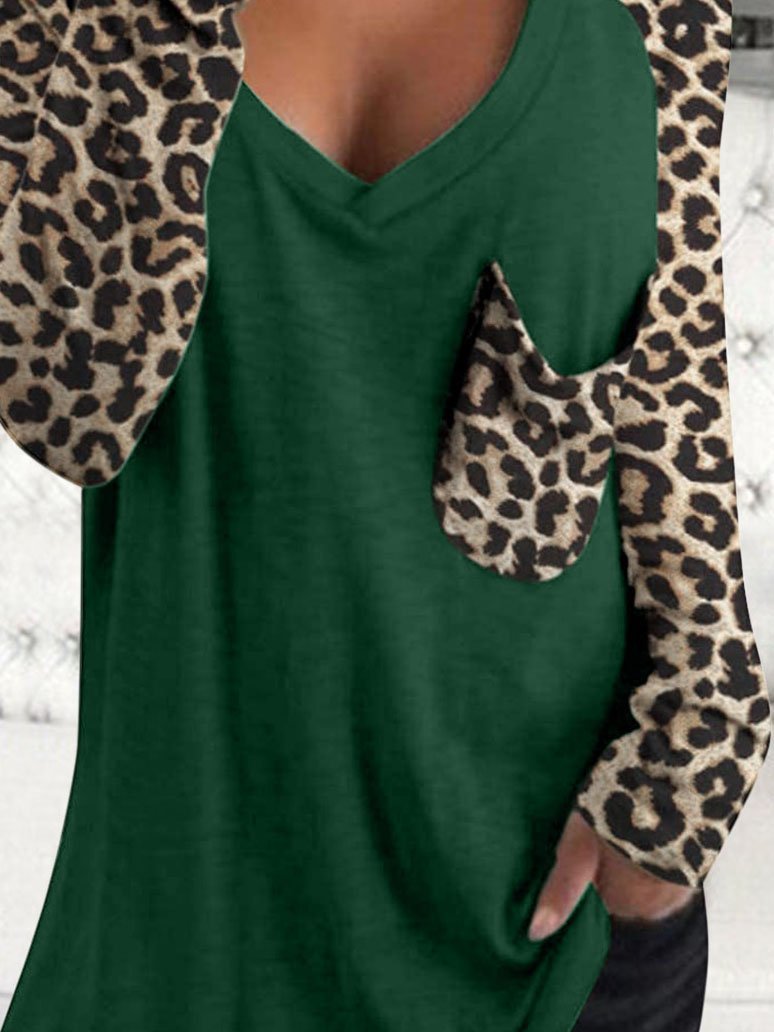 Leopard Print Long Sleeve V-neck Pocket Casual Blouses - Blouses - INS | Online Fashion Free Shipping Clothing, Dresses, Tops, Shoes - 02/06/2021 - BLO210602307 - Category_Blouses
