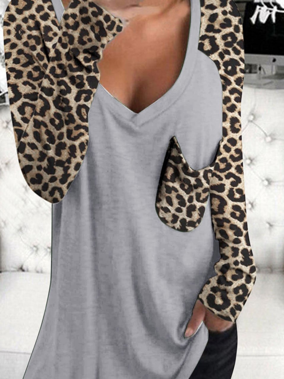 Leopard Print Long Sleeve V-neck Pocket Casual Blouses - Blouses - INS | Online Fashion Free Shipping Clothing, Dresses, Tops, Shoes - 02/06/2021 - BLO210602307 - Category_Blouses