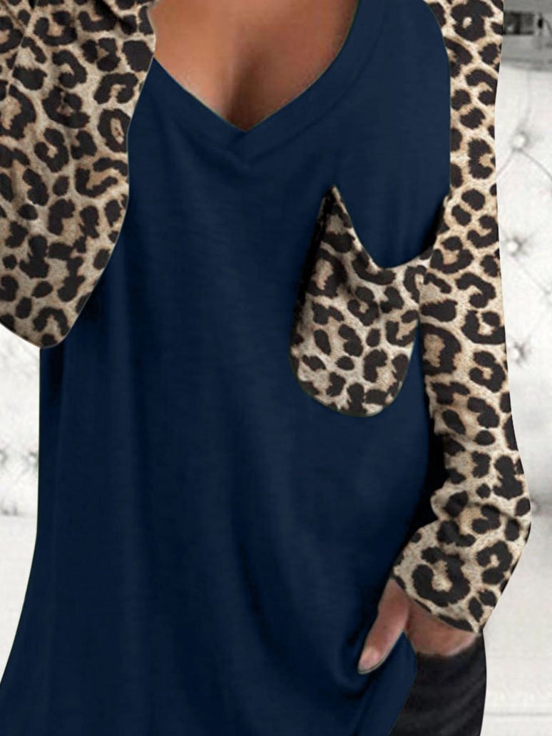 Leopard Print Long Sleeve V-neck Pocket Casual Blouses - Blouses - INS | Online Fashion Free Shipping Clothing, Dresses, Tops, Shoes - 02/06/2021 - BLO210602307 - Category_Blouses