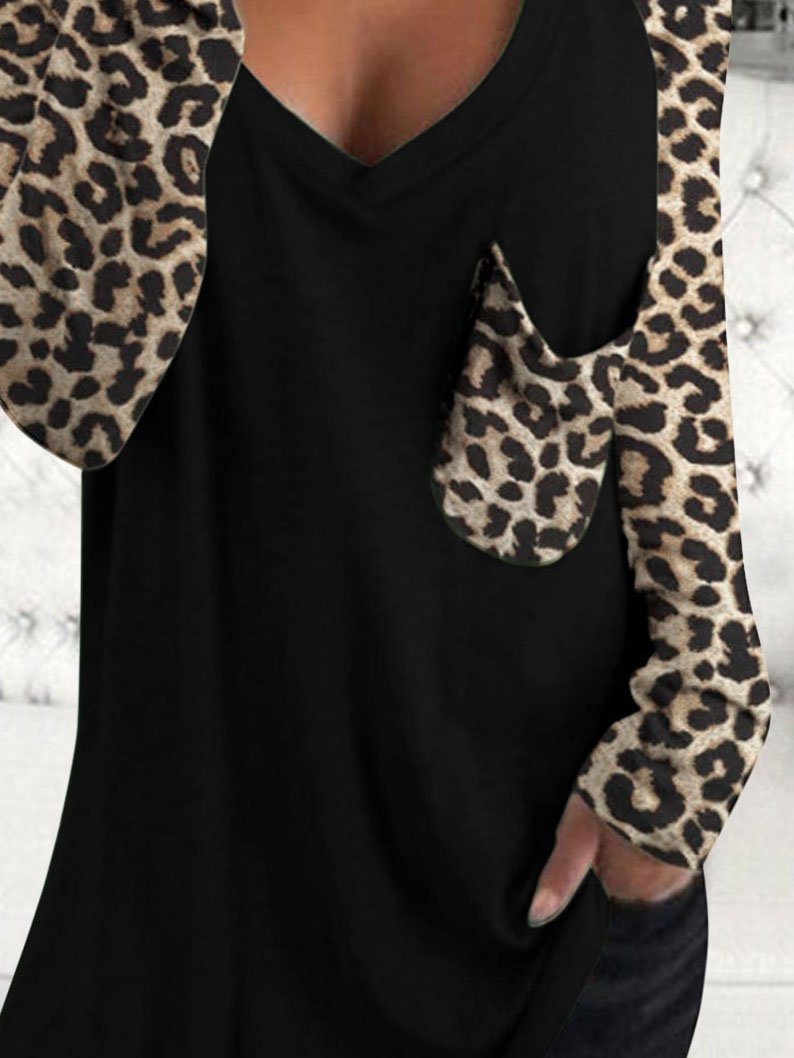 Leopard Print Long Sleeve V-neck Pocket Casual Blouses - Blouses - INS | Online Fashion Free Shipping Clothing, Dresses, Tops, Shoes - 02/06/2021 - BLO210602307 - Category_Blouses