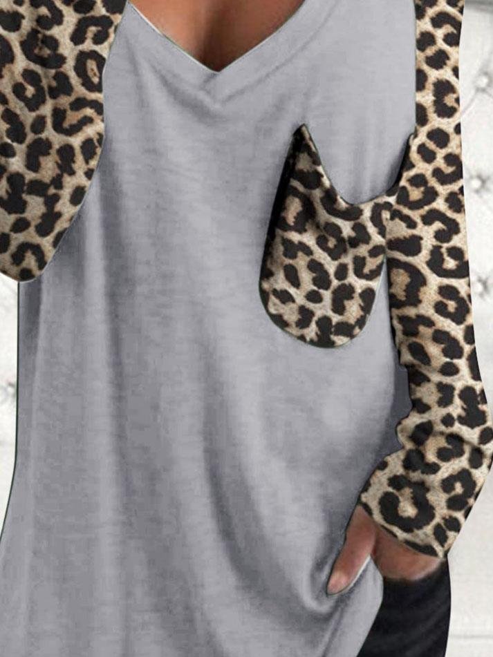 Leopard Print Long Sleeve V-neck Pocket Casual Blouses - Blouses - INS | Online Fashion Free Shipping Clothing, Dresses, Tops, Shoes - 02/06/2021 - BLO210602307 - Category_Blouses