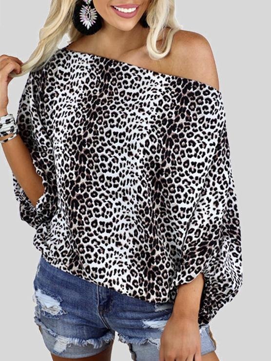 Leopard Print Oblique Collar Off Shoulder Long Sleeve Casual T-Shirt - T-Shirts - INS | Online Fashion Free Shipping Clothing, Dresses, Tops, Shoes - 18/06/2021 - 20-30 - color-leopard