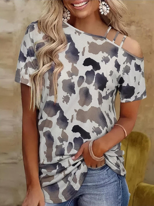 Leopard Print Short Sleeve Off Shoulder T-Shirt - T-Shirts - INS | Online Fashion Free Shipping Clothing, Dresses, Tops, Shoes - 10-20 - 22/06/2021 - Category_T-Shirts