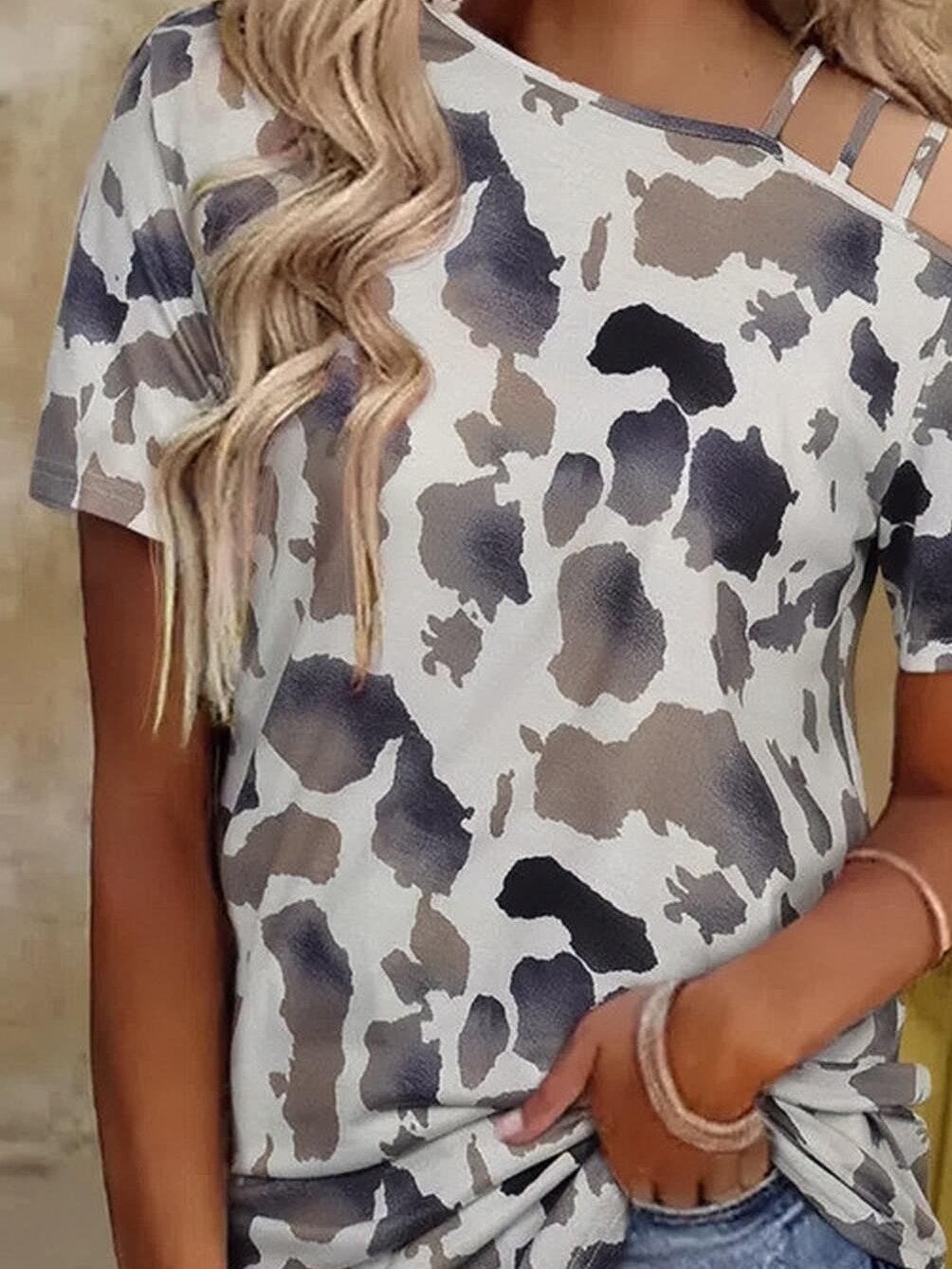 Leopard Print Short Sleeve Off Shoulder T-Shirt - T-Shirts - INS | Online Fashion Free Shipping Clothing, Dresses, Tops, Shoes - 10-20 - 22/06/2021 - Category_T-Shirts
