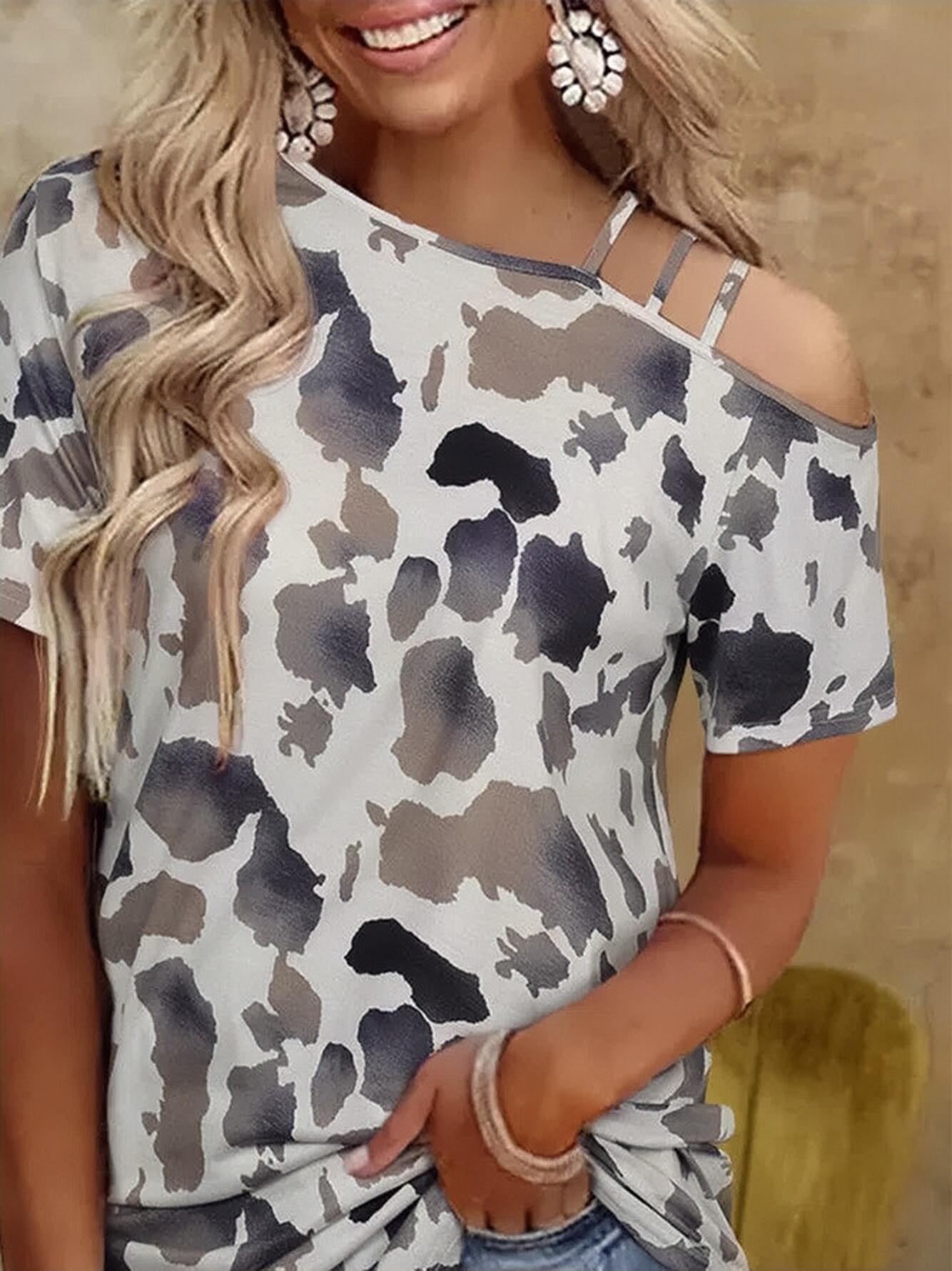 Leopard Print Short Sleeve Off Shoulder T-Shirt - T-Shirts - INS | Online Fashion Free Shipping Clothing, Dresses, Tops, Shoes - 10-20 - 22/06/2021 - Category_T-Shirts
