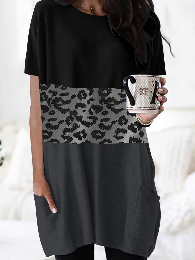 Leopard Print Short Sleeve Pocket Dress - Mini Dresses - INS | Online Fashion Free Shipping Clothing, Dresses, Tops, Shoes - 10-20 - 22/06/2021 - color-black