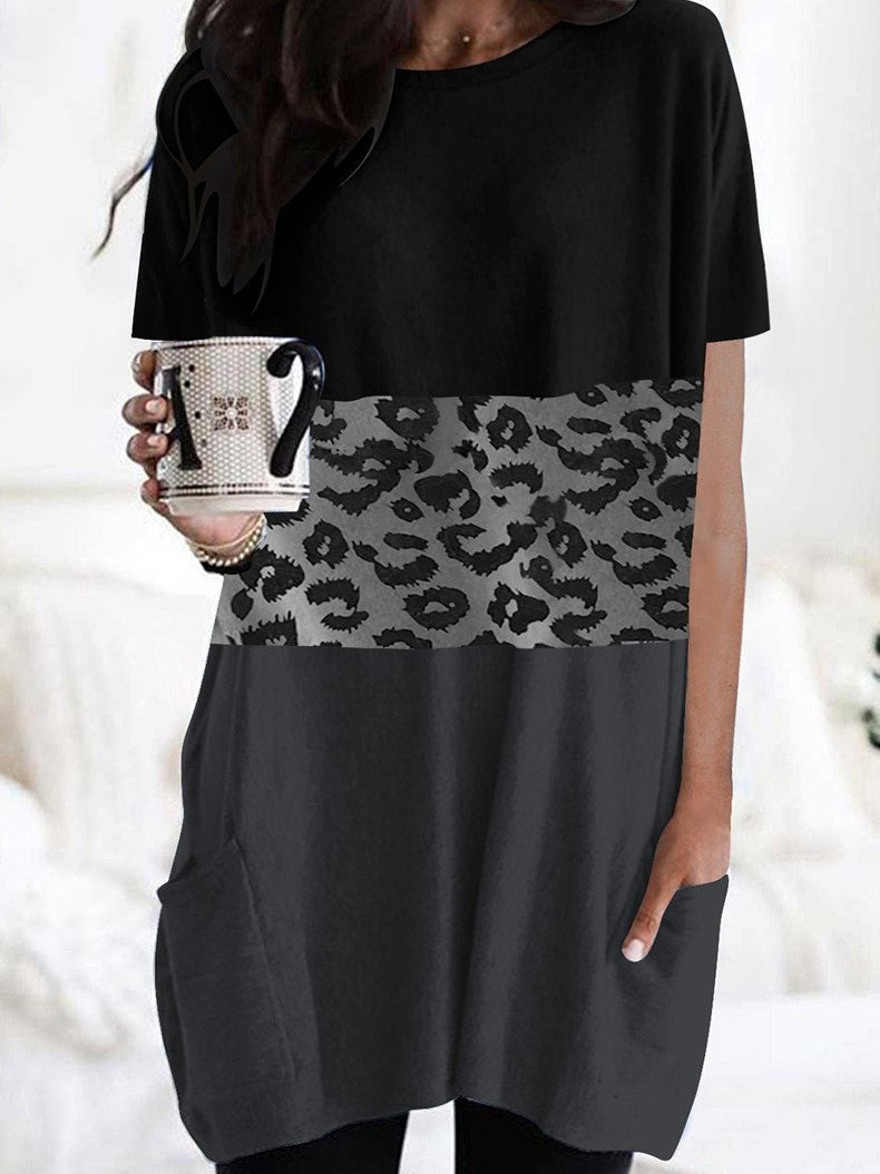 Leopard Print Short Sleeve Pocket Dress - Mini Dresses - INS | Online Fashion Free Shipping Clothing, Dresses, Tops, Shoes - 10-20 - 22/06/2021 - color-black