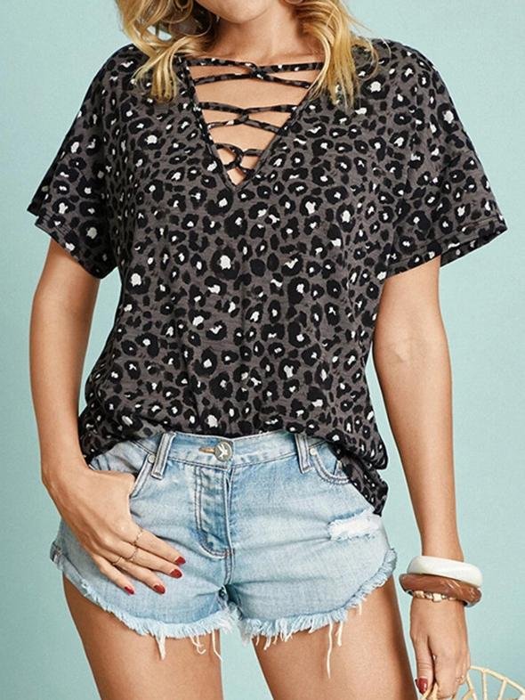 Leopard Print Short-sleeved Casual T-shirt - T-shirts - INS | Online Fashion Free Shipping Clothing, Dresses, Tops, Shoes - 10-20 - 21/06/2021 - color-gray