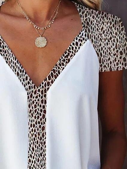 Leopard Print Stitching Casual Short Sleeve T-Shirt - T-Shirts - INS | Online Fashion Free Shipping Clothing, Dresses, Tops, Shoes - 15/06/2021 - Category_T-Shirts - Color_White