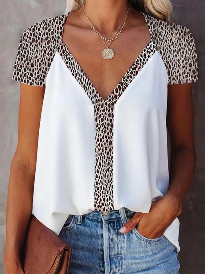 Leopard Print Stitching Casual Short Sleeve T-Shirt - T-Shirts - INS | Online Fashion Free Shipping Clothing, Dresses, Tops, Shoes - 15/06/2021 - Category_T-Shirts - Color_White