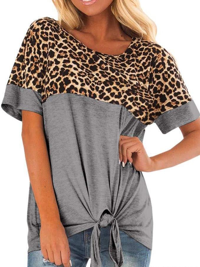Leopard Print Stitching Ribbon Bow T-shirt - T-Shirts - INS | Online Fashion Free Shipping Clothing, Dresses, Tops, Shoes - 31/05/2021 - Category_T-Shirts - Category_Tops