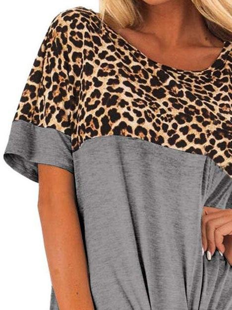 Leopard Print Stitching Ribbon Bow T-shirt - T-Shirts - INS | Online Fashion Free Shipping Clothing, Dresses, Tops, Shoes - 31/05/2021 - Category_T-Shirts - Category_Tops