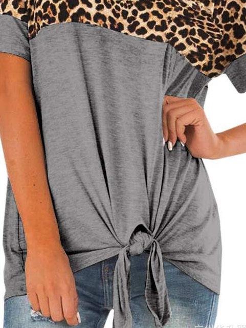 Leopard Print Stitching Ribbon Bow T-shirt - T-Shirts - INS | Online Fashion Free Shipping Clothing, Dresses, Tops, Shoes - 31/05/2021 - Category_T-Shirts - Category_Tops