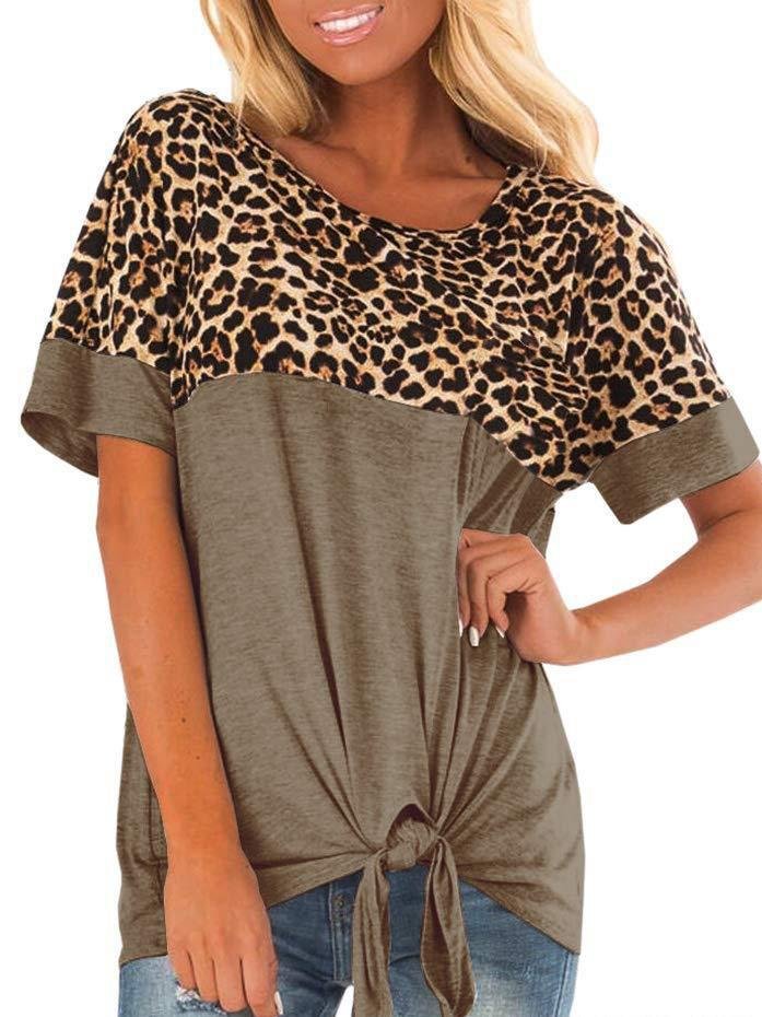 Leopard Print Stitching Ribbon Bow T-shirt - T-Shirts - INS | Online Fashion Free Shipping Clothing, Dresses, Tops, Shoes - 31/05/2021 - Category_T-Shirts - Category_Tops