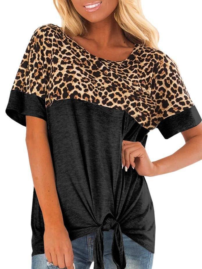 Leopard Print Stitching Ribbon Bow T-shirt - T-Shirts - INS | Online Fashion Free Shipping Clothing, Dresses, Tops, Shoes - 31/05/2021 - Category_T-Shirts - Category_Tops
