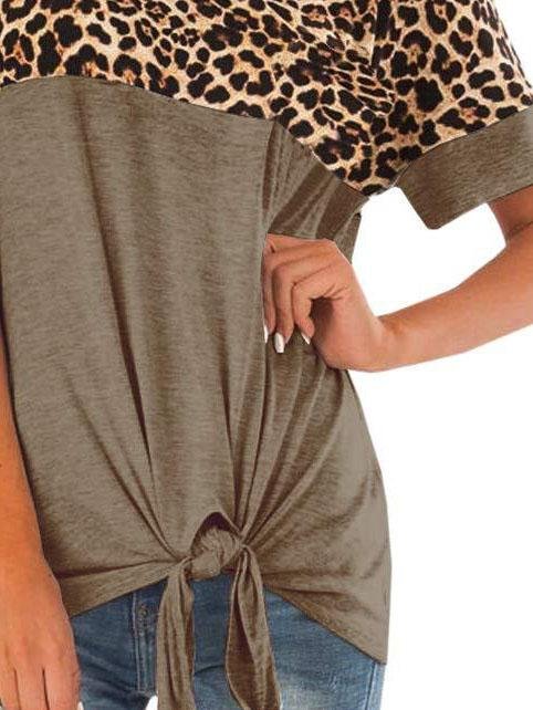 Leopard Print Stitching Ribbon Bow T-shirt - T-Shirts - INS | Online Fashion Free Shipping Clothing, Dresses, Tops, Shoes - 31/05/2021 - Category_T-Shirts - Category_Tops