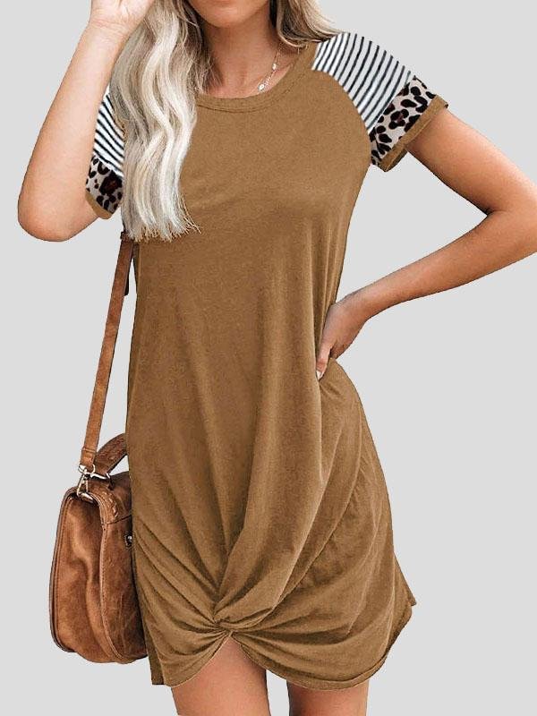 Leopard Print Stitching Short Sleeve Pocket Dress - Mini Dresses - INS | Online Fashion Free Shipping Clothing, Dresses, Tops, Shoes - 20-30 - 24/06/2021 - color-black