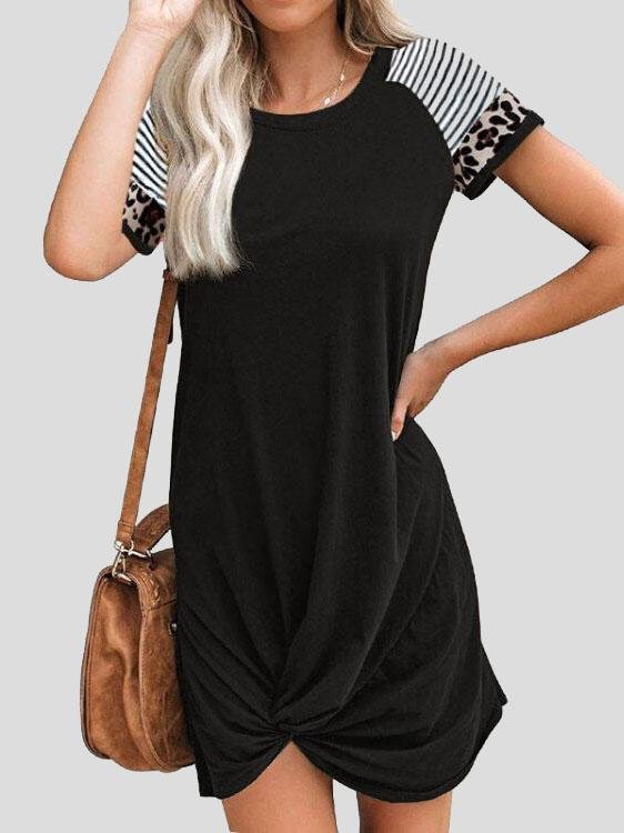 Leopard Print Stitching Short Sleeve Pocket Dress - Mini Dresses - INS | Online Fashion Free Shipping Clothing, Dresses, Tops, Shoes - 20-30 - 24/06/2021 - color-black