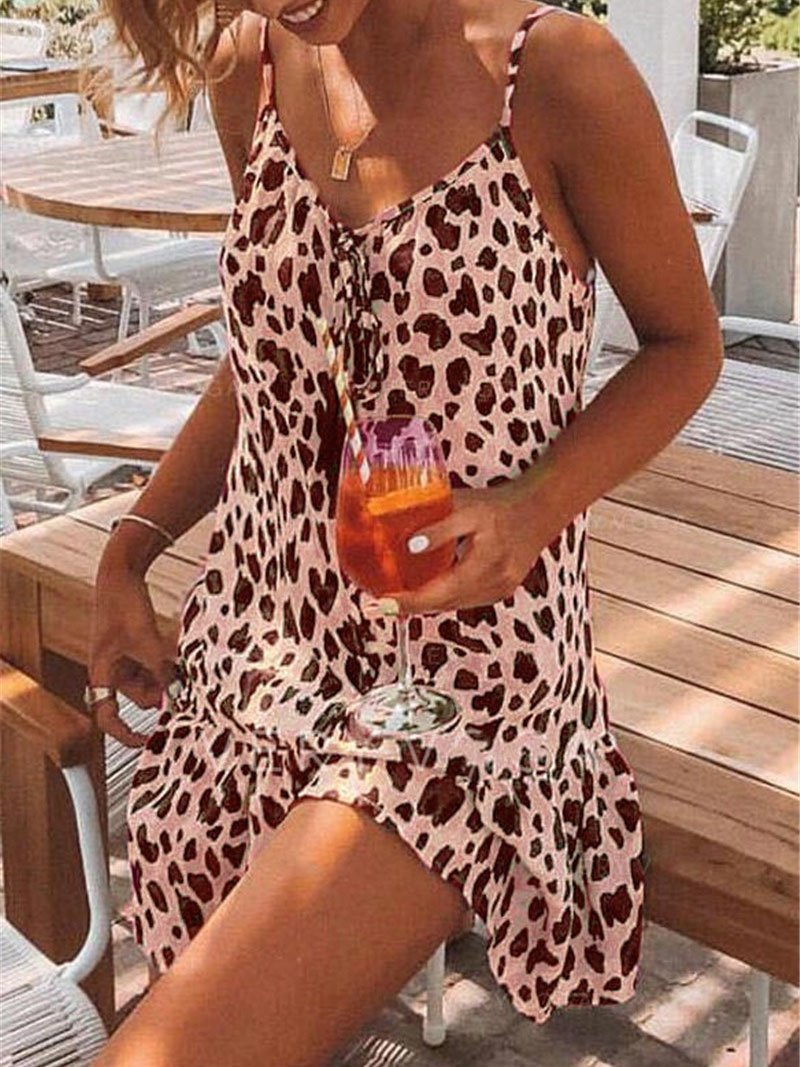 Leopard Print V-neck Casual Suspender Dress - Mini Dresses - INS | Online Fashion Free Shipping Clothing, Dresses, Tops, Shoes - 02/06/2021 - Category_Mini Dresses - Color_Pink