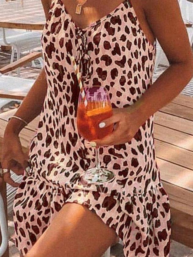 Leopard Print V-neck Casual Suspender Dress - Mini Dresses - INS | Online Fashion Free Shipping Clothing, Dresses, Tops, Shoes - 02/06/2021 - Category_Mini Dresses - Color_Pink
