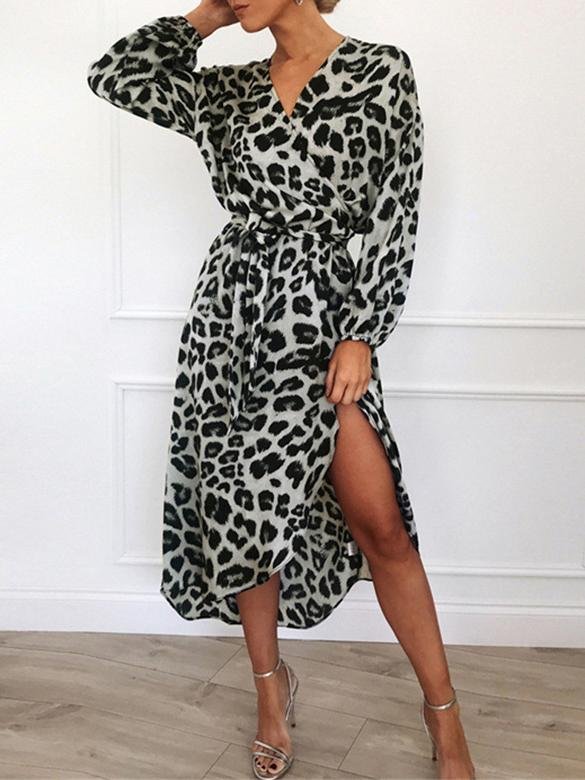 Leopard Print V-neck High Waist Irregular Dress - Midi Dresses - INS | Online Fashion Free Shipping Clothing, Dresses, Tops, Shoes - 11/06/2021 - Color_Brown - Color_Gray