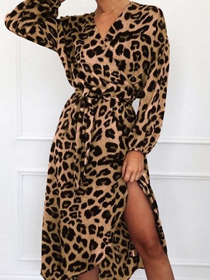 Leopard Print V-neck High Waist Irregular Dress - Midi Dresses - INS | Online Fashion Free Shipping Clothing, Dresses, Tops, Shoes - 11/06/2021 - Color_Brown - Color_Gray