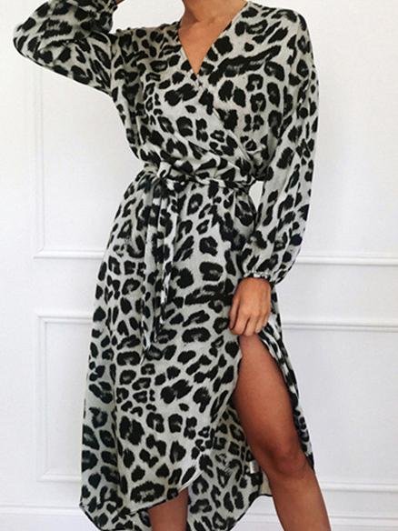 Leopard Print V-neck High Waist Irregular Dress - Midi Dresses - INS | Online Fashion Free Shipping Clothing, Dresses, Tops, Shoes - 11/06/2021 - Color_Brown - Color_Gray