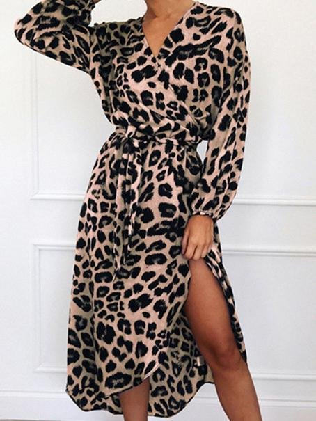 Leopard Print V-neck High Waist Irregular Dress - Midi Dresses - INS | Online Fashion Free Shipping Clothing, Dresses, Tops, Shoes - 11/06/2021 - Color_Brown - Color_Gray