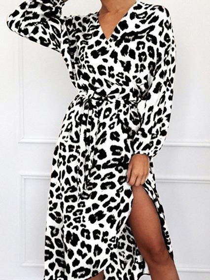 Leopard Print V-neck High Waist Irregular Dress - Midi Dresses - INS | Online Fashion Free Shipping Clothing, Dresses, Tops, Shoes - 11/06/2021 - Color_Brown - Color_Gray