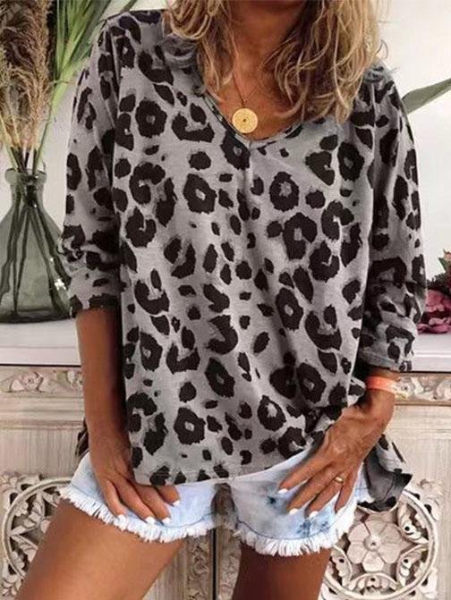 Leopard Print V-Neck Long Sleeve T-Shirt - T-Shirts - INS | Online Fashion Free Shipping Clothing, Dresses, Tops, Shoes - 09/07/2021 - 10-20 - Category_T-Shirts