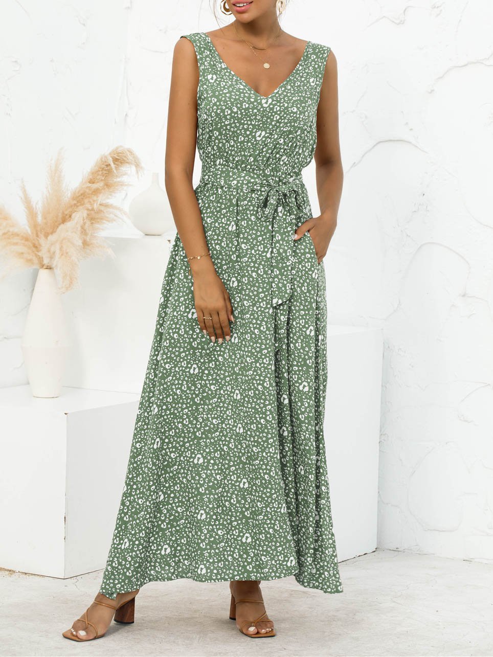 Leopard Print V-neck Maxi Dress - Maxi Dresses - INS | Online Fashion Free Shipping Clothing, Dresses, Tops, Shoes - 04/06/2021 - Color_Apricot - Color_Green