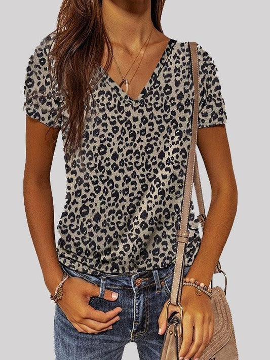 Leopard Print V-neck Short Sleeve Casual T-shirt - T-Shirts - INS | Online Fashion Free Shipping Clothing, Dresses, Tops, Shoes - 07/06/2021 - Category_Leopard - Category_T-Shirts
