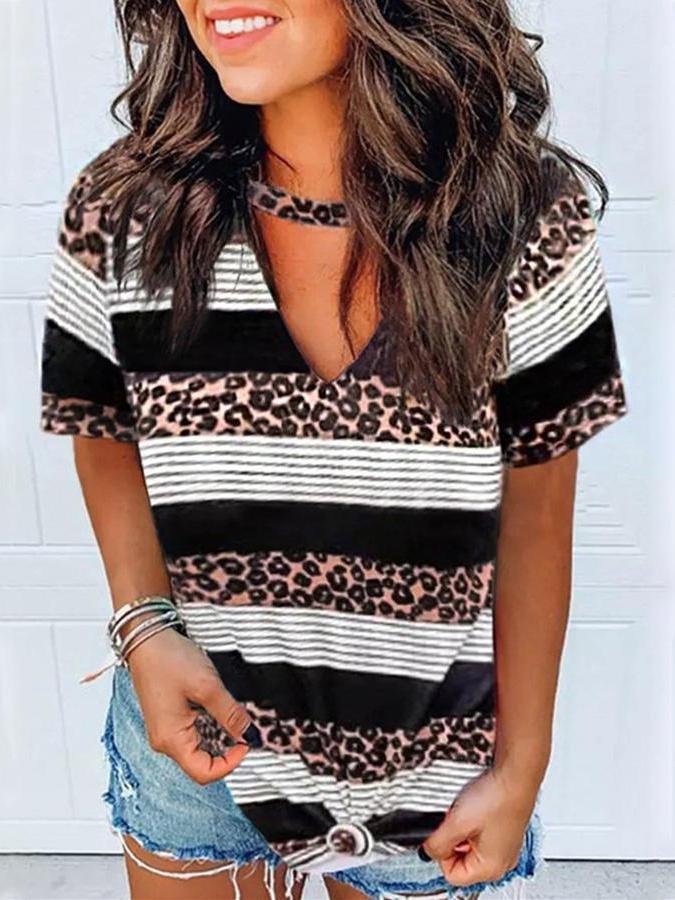 Leopard Print V-Neck Short Sleeve Casual T-Shirts - T-Shirts - INS | Online Fashion Free Shipping Clothing, Dresses, Tops, Shoes - 10-20 - 28/06/2021 - Category_T-Shirts