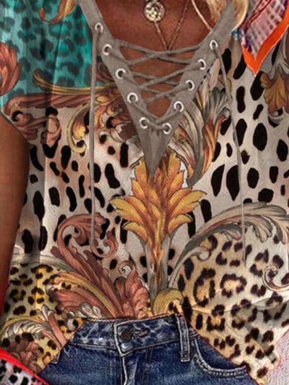 Leopard Print V-neck Short Sleeves T-shirt - T-shirts - INS | Online Fashion Free Shipping Clothing, Dresses, Tops, Shoes - 08/06/2021 - Color_Brown - LXQ