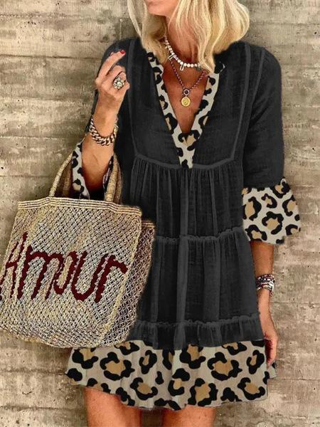 Leopard Stitching Deep V Neck Mini Dress - Mini Dresses - INS | Online Fashion Free Shipping Clothing, Dresses, Tops, Shoes - 15/06/2021 - Color_Apricot - Color_Black